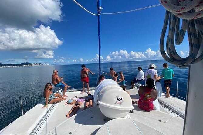 Best Sailing Catamaran, Beach and Snorkel - Cruise Ship Friendly - The mid-day mix: beach time, floating bar, and BBQ vibes